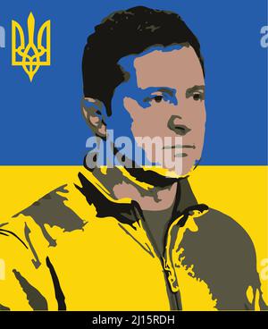 Volodymyr Zelensky, président de l'ukraine, symbole de la résistance contre l'invasion russe en 2022. Ukraine trident drapeau avec illustration du président. Illustration de Vecteur