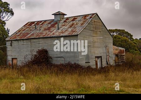 Avant du hangar d'étain abandonné rouillé et en décomposition dans un champ Banque D'Images