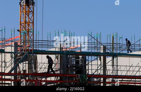 Landsberg am Lech, Allemagne. 22nd mars 2022. Des artisans travaillent sur des échafaudages lors de la construction d'un nouvel immeuble. L'institut ifo publie ses nouvelles prévisions économiques mercredi. (À dpa 'Ifo Institute publie de nouvelles prévisions économiques') Credit: Karl-Josef Hildenbrand/dpa/Alamy Live News Banque D'Images