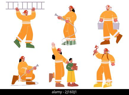 Jeu de personnages mâles et femelles de pompiers dans une échelle de maintien uniforme, un tuyau d'eau, des seaux et une hache. Groupe de pompiers travaillant, luttant avec feu, sauve enfant. Illustration de vecteur linéaire de personnes Illustration de Vecteur