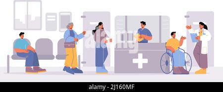 Patients personnages attendant un rendez-vous avec un médecin dans le couloir de l'hôpital avec le bureau de réception. Personnes malades assis dans un couloir de clinique, concept de services de soins de santé et de médecine, illustration vectorielle Line art Illustration de Vecteur