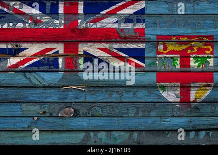 Le drapeau national des Fidji est peint sur des planches inégales. Symbole du pays. Banque D'Images