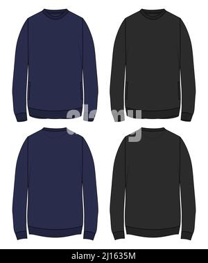 Coupe slim col rond manches longues Sweat-shirt mode technique Flats Sketches dessin vectoriel modèle pour homme. Vêtement noir, bleu marine, modèle u Illustration de Vecteur