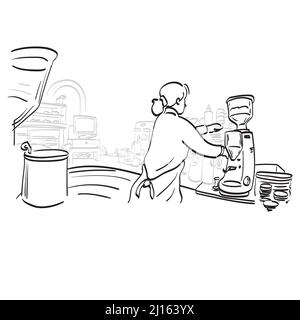 vue arrière d'une femme barista avec un tablier prépare du café pour le visiteur dans son café illustration vecteur dessiné à la main isolée sur fond blanc ligne ar Illustration de Vecteur