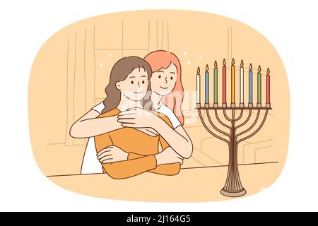 Une mère aimante câlin fille adolescente fêtent ensemble la menorah lumineuse d'Hanoukkah. Maman attentionnée embrasser petite fille enfant éclairer bougie pour Shabbat. Tradition familiale juive. Illustration vectorielle. Illustration de Vecteur