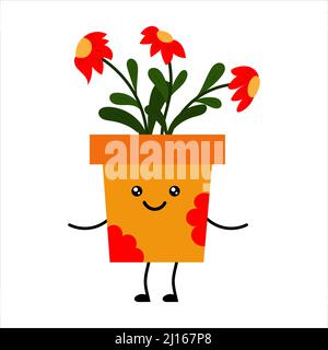 Mignonne de kawaii plante dans un pot. Une plante avec des fleurs. Illustration de Vecteur