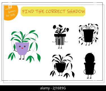 Jeu logique pour enfants trouver l'ombre droite, jolie fleur de dessin animé dans un pot de kawaii. Illustration de Vecteur
