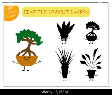 Jeu logique pour enfants trouver l'ombre droite, jolie fleur de dessin animé dans un pot de kawaii. Illustration de Vecteur