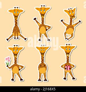 Un ensemble d'autocollants émotiji de personnage de dessin animé. Autocollants avec émoticônes girafe avec diverses émotions. Illustration de Vecteur