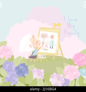 Dessin animé petite fille Portrait de famille sur Fleur Meadow Illustration de Vecteur