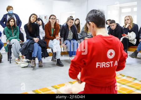 UZHHOROD, UKRAINE - 20 MARS 2022 - les gens écoutent un instructeur lors d'un cours de premiers secours gratuit, Uzhhorod, région de Zakarpattia, Ukraine occidentale. Banque D'Images