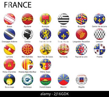 Tous les drapeaux des régions de France. Motif bouton brillant Illustration de Vecteur