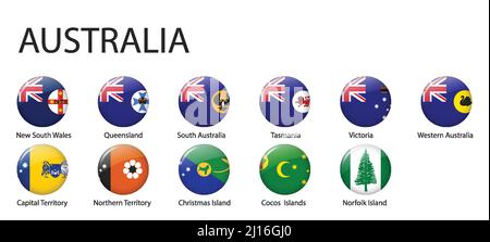 Tous les drapeaux des régions d'Australie. Motif bouton brillant Illustration de Vecteur