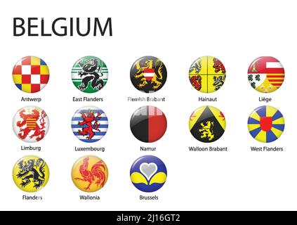 Tous les drapeaux des régions de Belgique. Motif bouton brillant Illustration de Vecteur