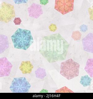 Motif sans couture avec hexagones chaotiques multicolores sur fond rose pâle. Éléments de conception Sexangulaire — macro azalea avec effet kaléidoscope Banque D'Images