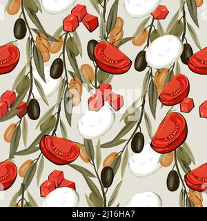 Caprese cuisine italienne célèbre fond de salade, motif sans couture avec tomates et fromage mozzarella, illustration vectorielle dessinée à la main pour l'italien Illustration de Vecteur