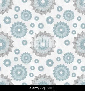 Motif sans couture avec ornement de formes rondes en dentelle ajourée. Fond géométrique avec effet flocon de neige, bleu pâle et gris clair Banque D'Images