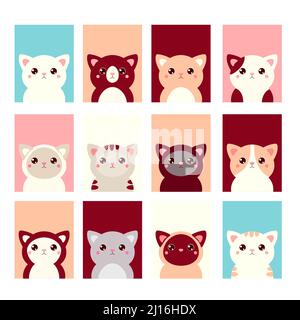 Ensemble de l'icône de membre kawaii. Cartes avec de jolis chats de dessin animé. Collection bébé d'avatars avec chaton. Illustration vectorielle EPS8 Illustration de Vecteur