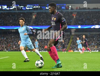 MANCHESTER, ANGLETERRE - 1 NOVEMBRE 2016 : Samuel Umtiti de Barcelone photographié en action lors du match du groupe C de la Ligue des champions de l'UEFA entre Manchester City et le FC Barcelone au stade de la ville de Manchester. Copyright: Cosmin Iftode/Picstaff Banque D'Images