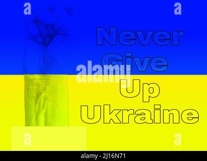 Le poing de l'homme avec Un drapeau de l'Ukraine isolé sur ne jamais abandonner Ukraine texte Ukraine drapeau couleur fond Banque D'Images