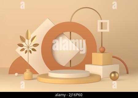 Intérieur boho scène minimale avec podium et formes géométriques 3D illustration vectorielle. Socle avec cadre et feuilles de palmier dorées dans un vase au dos Illustration de Vecteur