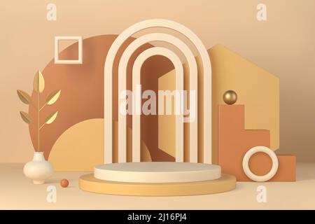Intérieur boho scène minimale avec podium et formes géométriques 3D illustration vectorielle. Socle avec arc et feuilles de palmier dorées dans un vase sur le backgrou Illustration de Vecteur