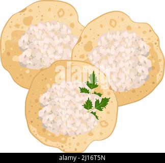 Crêpes, délicieuse pâtisserie maison avec fromage cottage et persil pour le petit déjeuner, Maslenitsa, carnaval ou vacances. Illustration d'aliments plats Vector Illustration de Vecteur