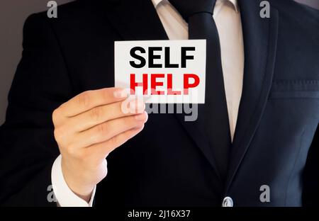 Self Help Word Cloud, concept de santé, homme d'affaires Banque D'Images