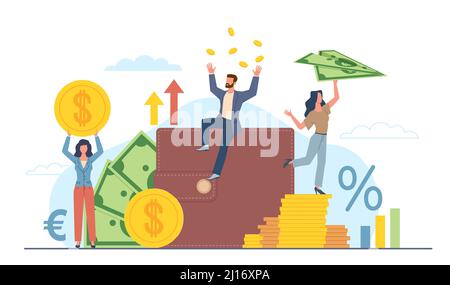 Des gens minuscules avec de l'argent. Personnes riches avec grand portefeuille, billets et pièces d'or, différentes devises mondiales, taux de change, épargne et investissement Illustration de Vecteur