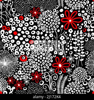 Joli motif fleuri sans couture de fleur rouge avec feuilles grises sur fond noir et blanc. Fleurs simples et magnifiques. Illustration vectorielle. Illustration de Vecteur