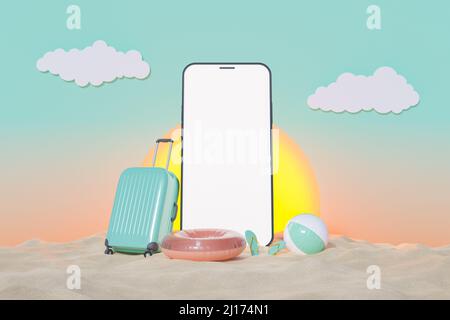 maquette de téléphone portable avec valise et accessoires de plage sur sable avec coucher de soleil artificiel derrière. 3d rendu Banque D'Images