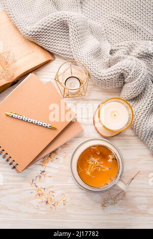 Thé chaud à base de plantes avec bloc-notes, bougie, livre et couverture. Style de vie confortable et chaleureux Banque D'Images