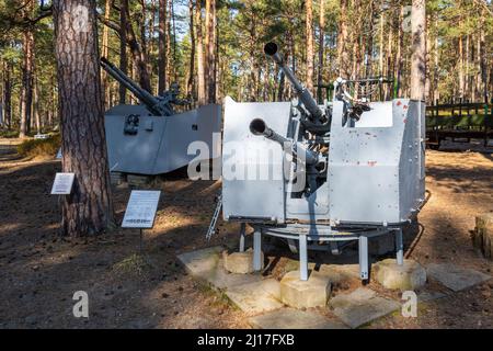 Hel, Pologne - 20 mars 2022 : canon antiaérien dans le musée militaire en plein air. Le Musée de la Défense côtière à Hel Banque D'Images