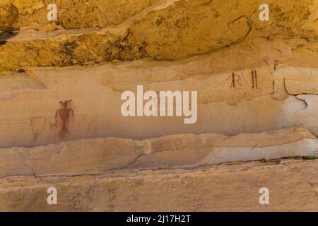 Le panneau de pictogrammes Ascending Sheep, situé sur le récif de Molen, à l'extrémité ouest de la houle de San Rafael dans l'Utah, est un exemple de roc de style Barrier Canyon Banque D'Images