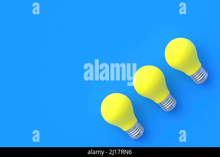 Rangée d'ampoules jaunes sur fond bleu. Vue de dessus. 3d rendu Banque D'Images