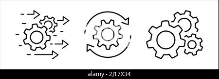 Ensemble d'icônes de gestion de processus, opération d'optimisation, roue dentée de transmission avec flèche processus Agile icônes fines en forme de plate technologie signe, e Illustration de Vecteur