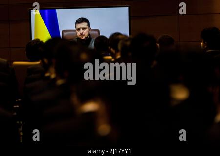 Tokyo, Japon. 23rd mars 2022. Le président ukrainien Volodymyr Zelensky s'adresse aux législateurs de la chambre basse du Japon par le biais d'une liaison vidéo dans le bâtiment de la Chambre des représentants à Tokyo. Crédit : SOPA Images Limited/Alamy Live News Banque D'Images