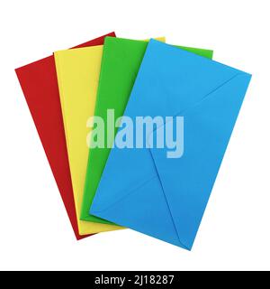 Pile d'enveloppes de couleur isolées sur du blanc. Vue de dessus Banque D'Images