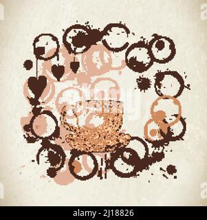 Tasse de café, des éclaboussures de peinture et harts isolé sur fond. Tasse à café pour tirer avec les éclaboussures et les taches. Illustration de Vecteur