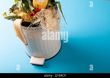 Vue en grand angle des déchets organiques dans le bac à compost blanc par l'espace de copie sur fond bleu Banque D'Images