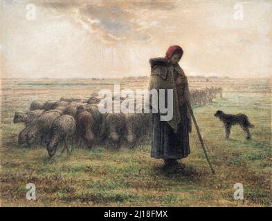 Bergers et sa Flock par Jean-François Millet (1814-1875), craie noire et pastel, 1864/5 Banque D'Images