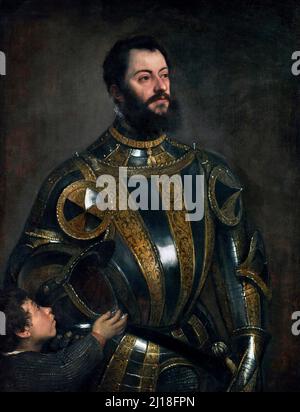 Portrait d'Alfonso d'Avalos, marquis de Vasto, en Armure avec une page de Titien (Tiziano Vecellio: 1490-1576), huile sur toile, c. 1533 Banque D'Images