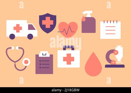 Caricature de couleur amusant icônes médicales. Divers symboles de santé. Banque D'Images