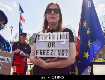 Londres, Angleterre, Royaume-Uni. 23rd mars 2022. Un manifestant tient un « tarpage ou gel ? » signe. Le gouvernement anti-conservateur et les manifestants anti-Brexit se sont rassemblés devant le Parlement alors que Boris Johnson était confronté aux questions du Premier ministre. (Image de crédit : © Vuk Valcic/ZUMA Press Wire) Banque D'Images