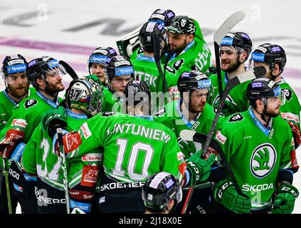 Mlada Boleslav, République tchèque. 23rd mars 2022. Ctvrtfinale jouer hors hokejove extraligy - 3. Zapas: BK Mlada Boleslav - Mountfield Hradec Kralove, 23. Brezna 2022 v Mlade Boleslavi. Hraci Mlade Boleslavi se raduji z vitezstvi. Banque D'Images