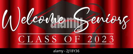 Bienvenue Seniors classe de 2023 bannière fond rouge avec chapeau de graduation Illustration de Vecteur