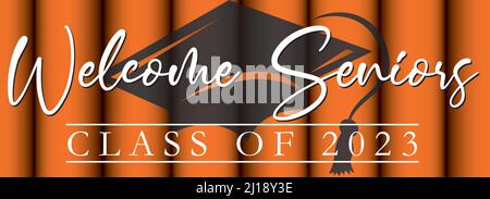 Bienvenue Seniors classe de 2023 bannière orange fond avec chapeau de graduation Illustration de Vecteur