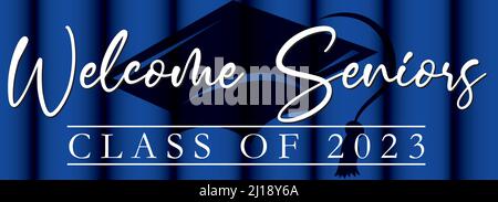 Bienvenue Seniors classe de 2023 bannière fond bleu avec chapeau de graduation Illustration de Vecteur