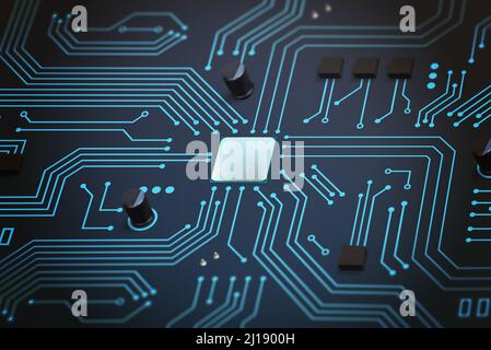 Puce sur carte de circuit imprimé survolée par des condensateurs et des mosfet. Concept numérique de la technologie Banque D'Images