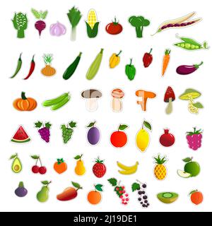 Collection d'autocollants avec légumes, champignons et fruits. Illustration vectorielle. Illustration de Vecteur